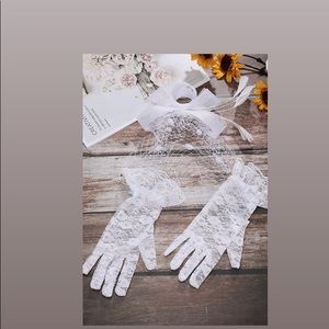 Bowknot Fascinator Hat Feathers Veil Mesh Headband & Short Lace Gloves